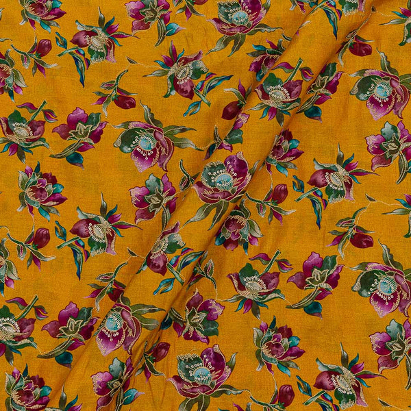 Chinon Chiffon Mustard Orange Colour Floral Print with Gold Thread and Sequence Embroidered 43 Inches Width Fabric