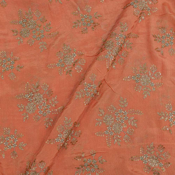 Chinnon Chiffon Hot Coral Colour Gold Tikki & Thread Embroidered Fabric Online 3280H