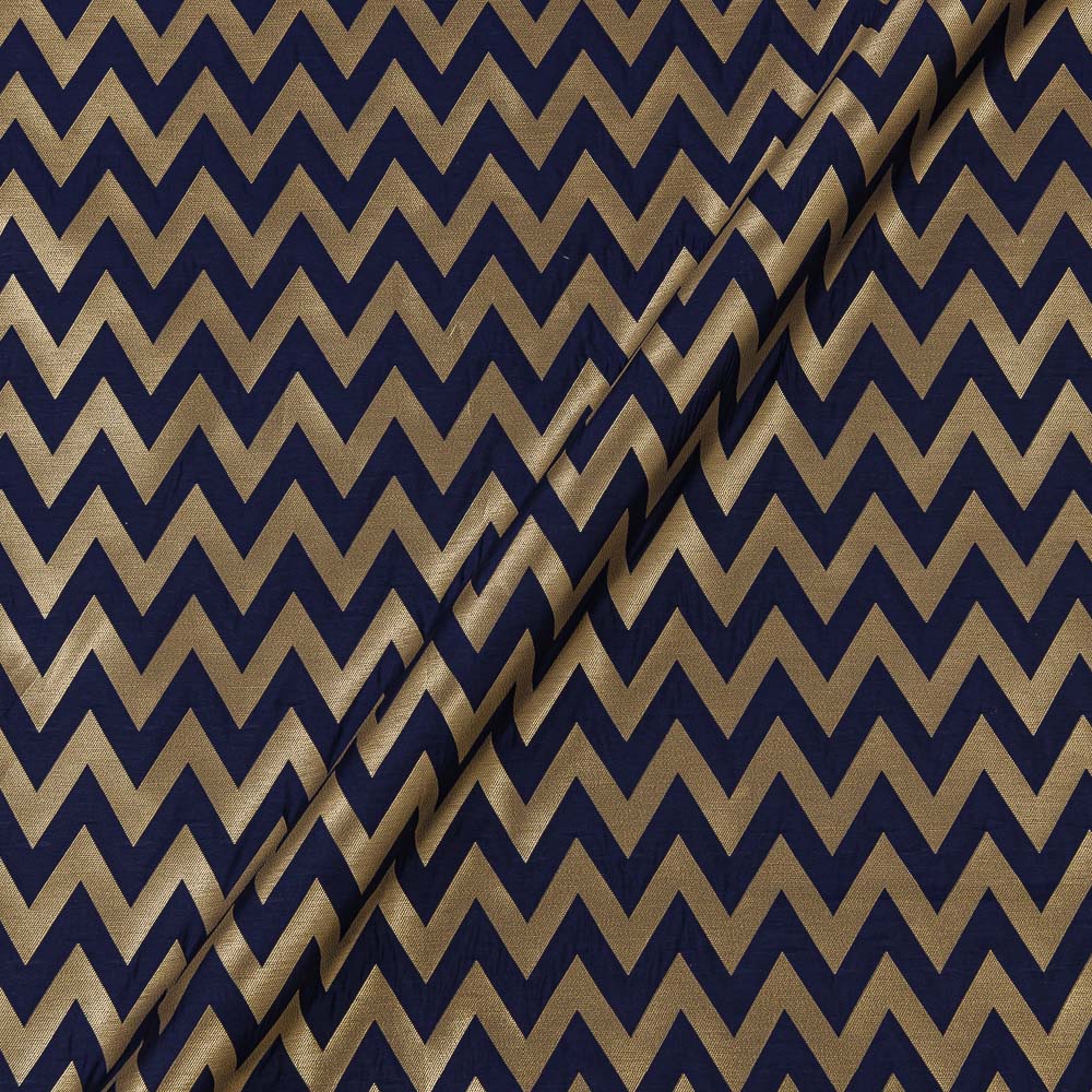 Art Silk Golden Jacquard Chevron Midnight Blue Colour Fabric Online 6053AF11