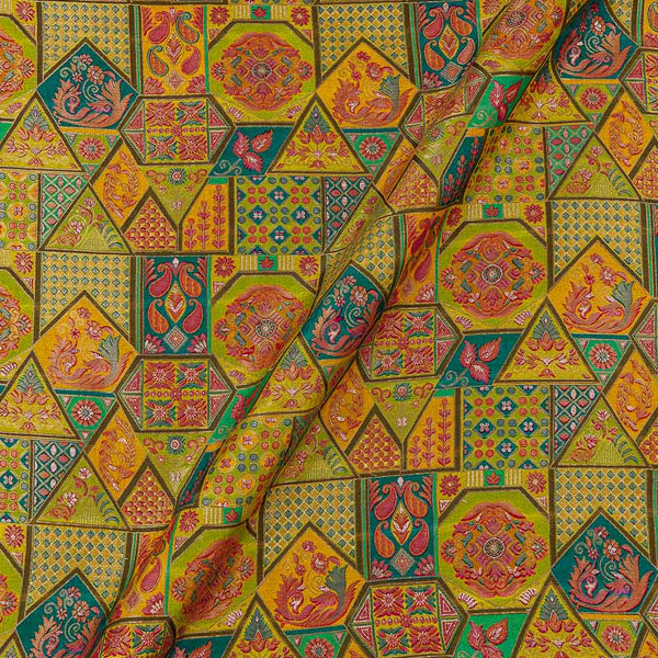 Ethnic Print on Lime Green Colour Munga Silk Feel Zari Brocade 45 Inches Width Fabric