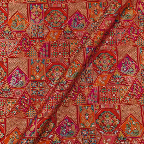 Ethnic Print on Poppy Red Colour Munga Silk Feel Zari Brocade 46 Inches Width Fabric