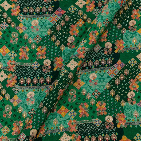 Ethnic Print on Green Colour Chinnon Silk Feel Zari Brocade 43 Inches Width Fabric