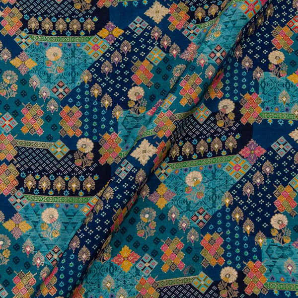 Ethnic Print on Teal Blue Colour Chinnon Silk Feel Zari Brocade 43 Inches Width Fabric