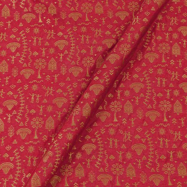 Soft Chanderi Silk Feel Coral Colour Golden Warli Jacquard Fabric Online 6119K4