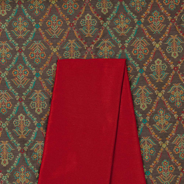 Two Pc Set Of Silk Feel Fancy Jacquard Fabric & Banarasi Raw Silk [Artificial Dupion] Plain Fabric [2.5 Mtr Each]