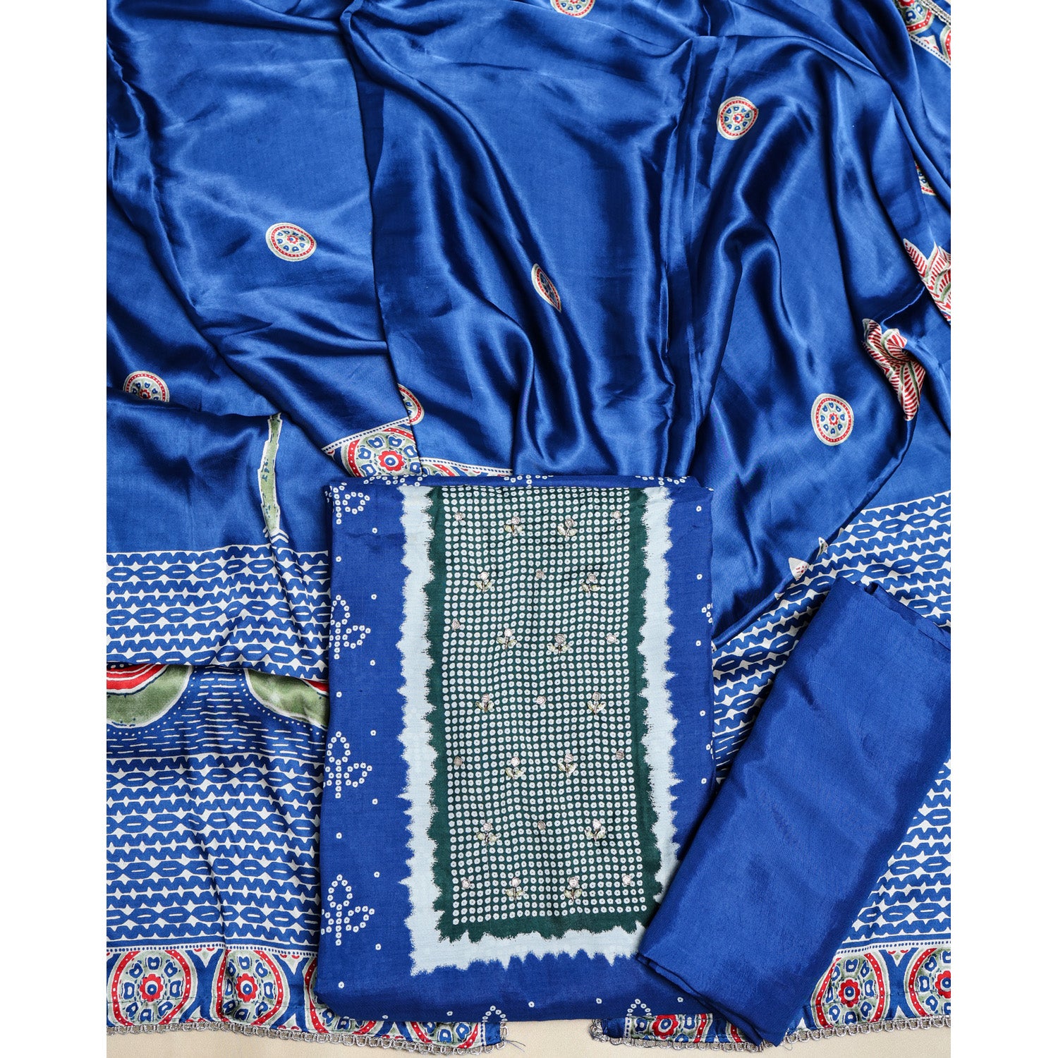 PURE GAJJI SILK BANDHANI PRINTED SUIT SET