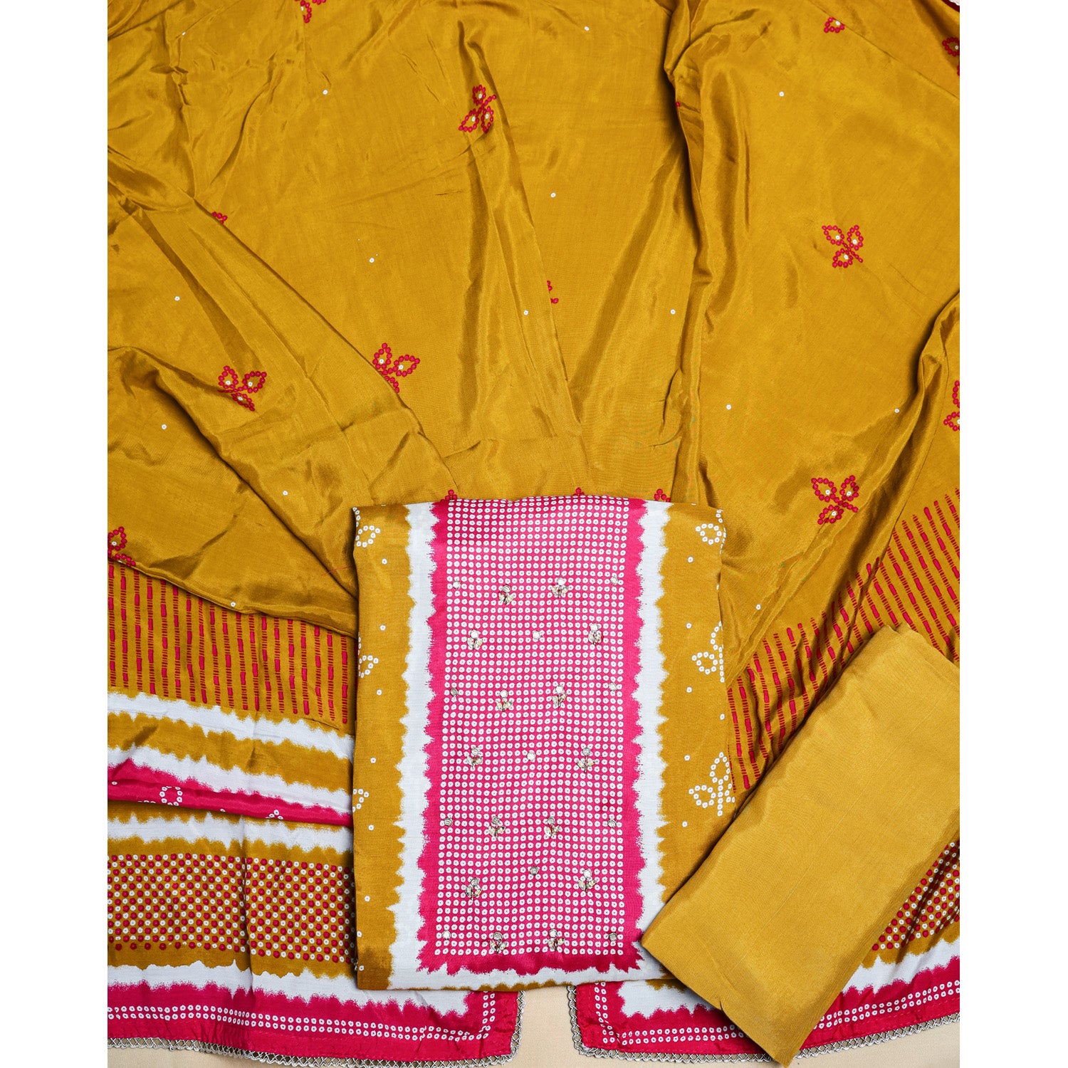 PURE GAJJI SILK BANDHANI PRINTED SUIT SET