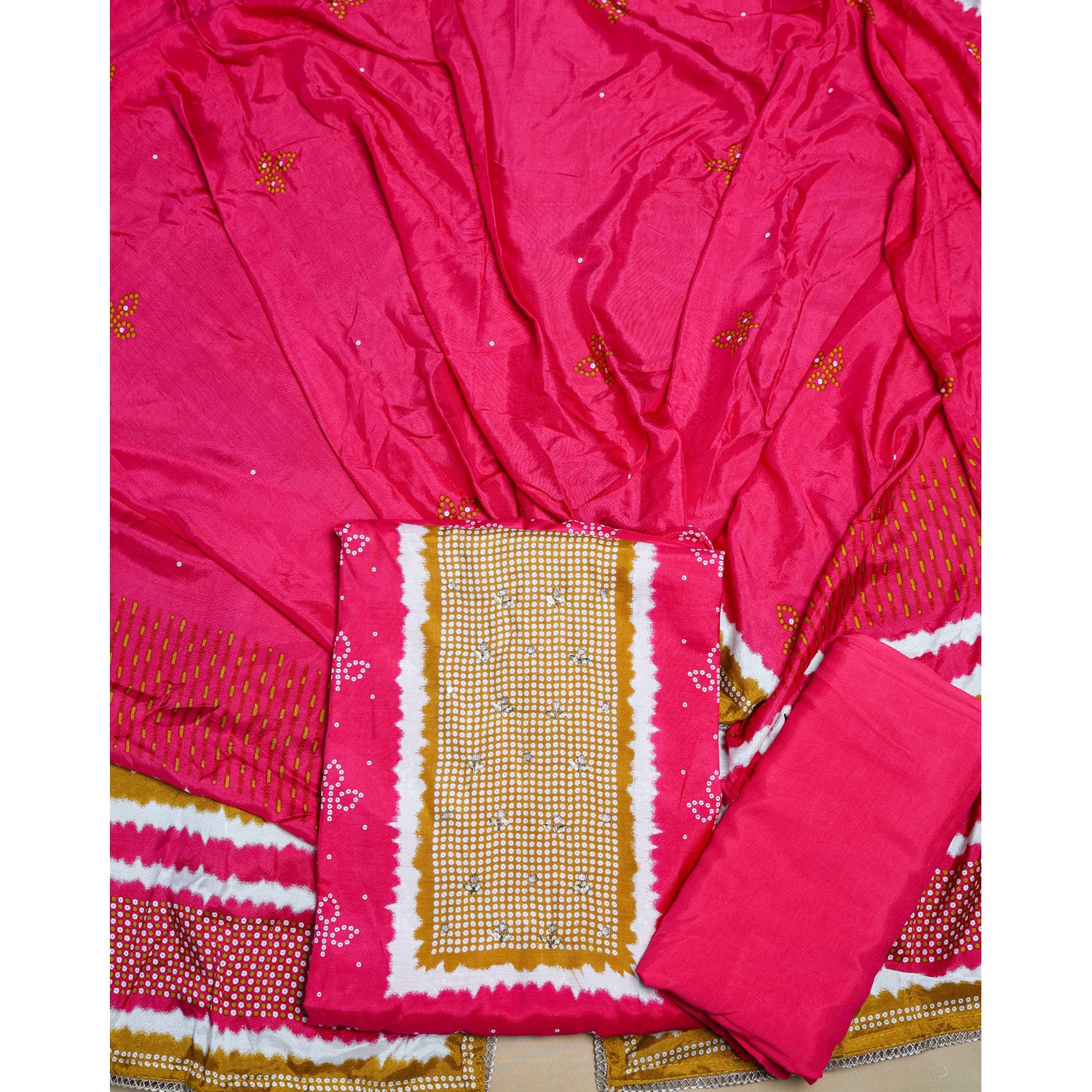 PURE GAJJI SILK BANDHANI PRINTED SUIT SET
