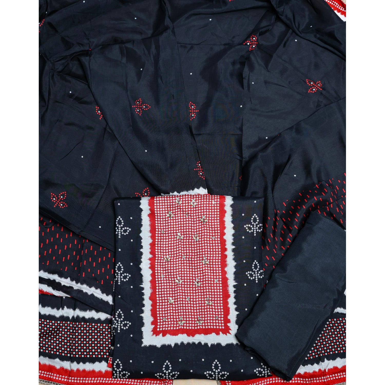 PURE GAJJI SILK BANDHANI PRINTED SUIT SET