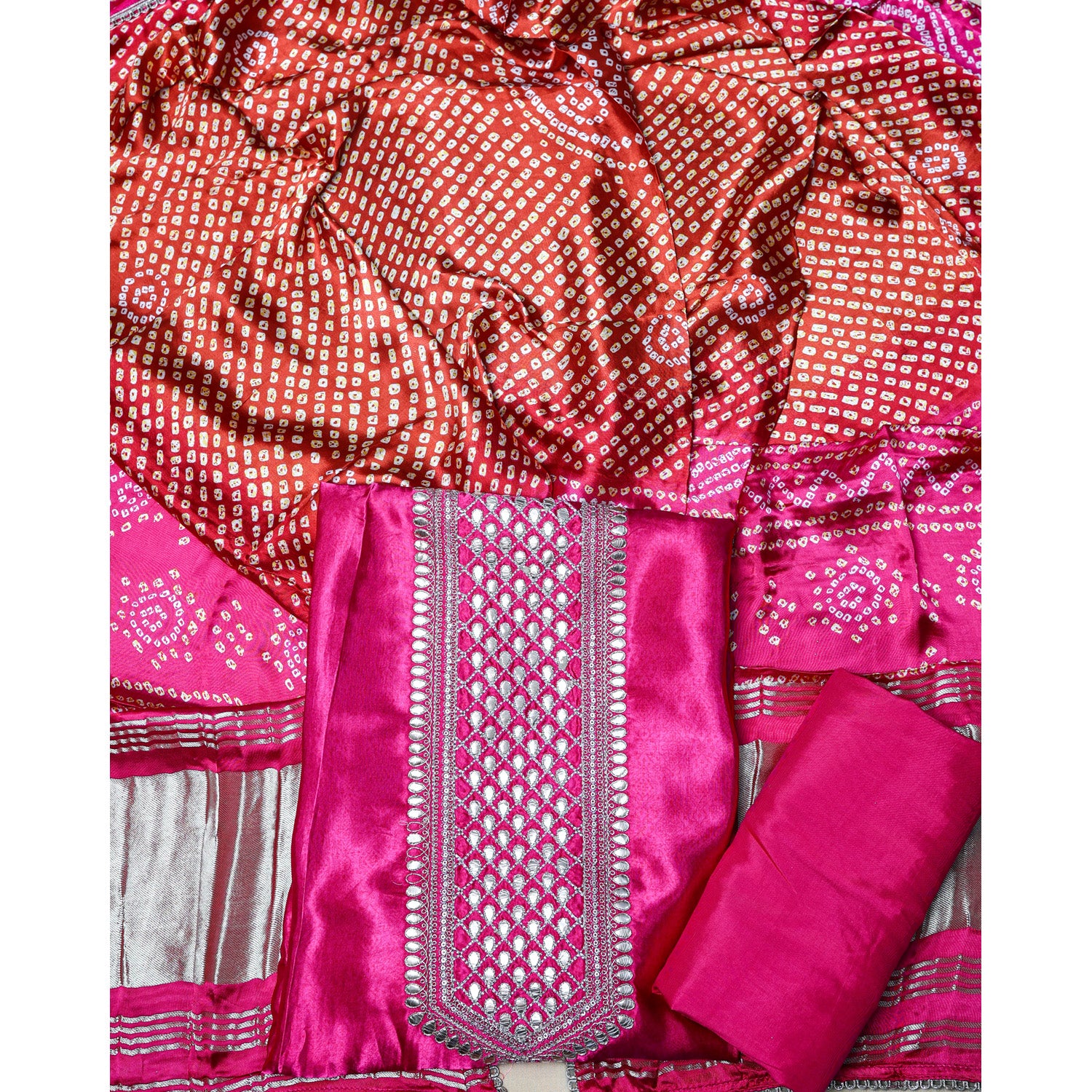 PURE GAJJI SILK BANDHANI PRINTED SUIT SET