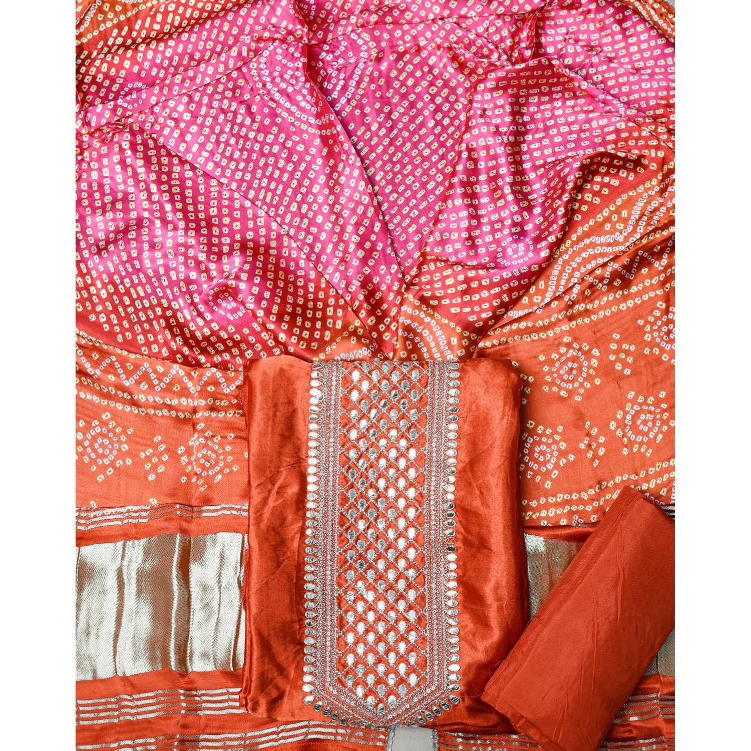 PURE GAJJI SILK BANDHANI PRINTED SUIT SET