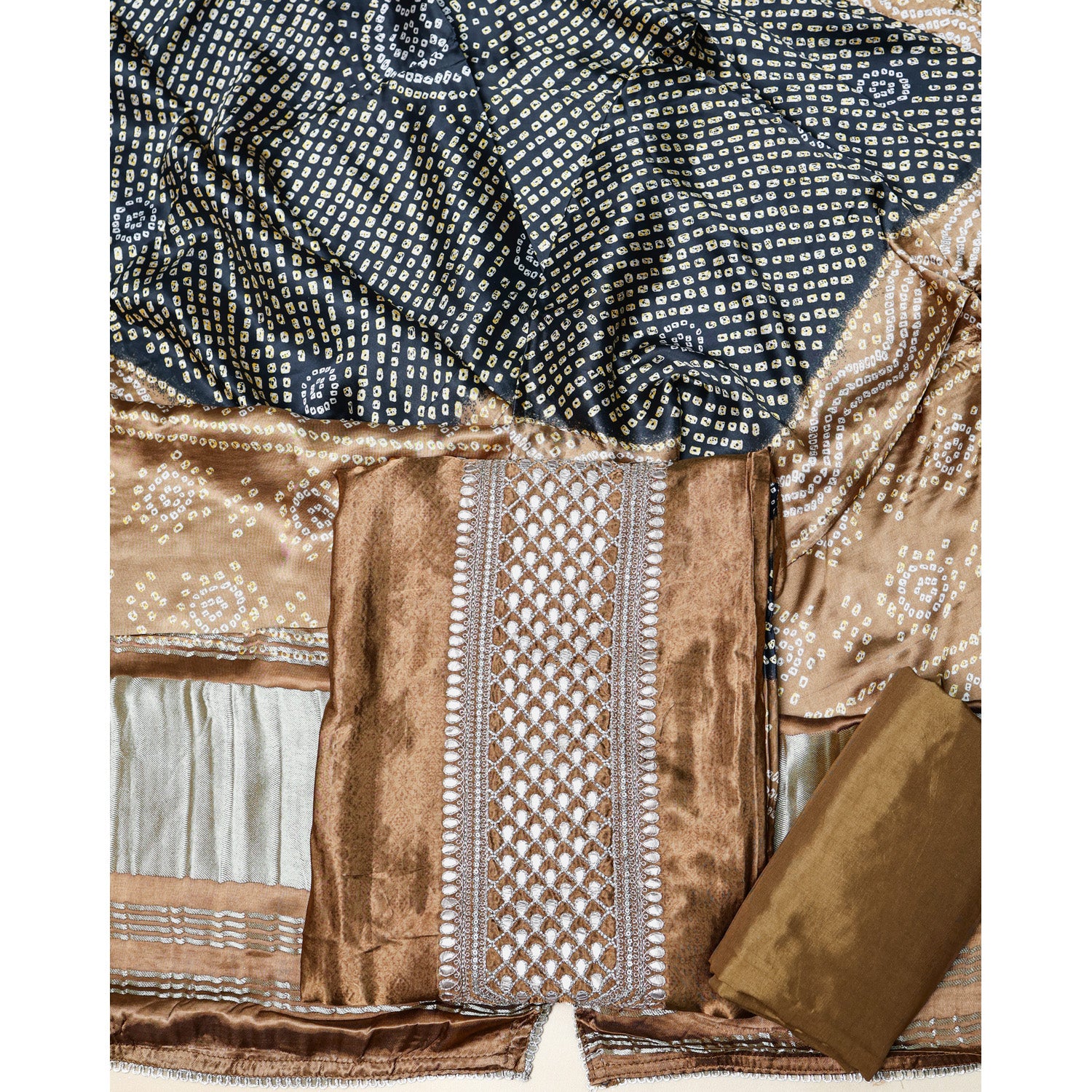 PURE GAJJI SILK BANDHANI PRINTED SUIT SET