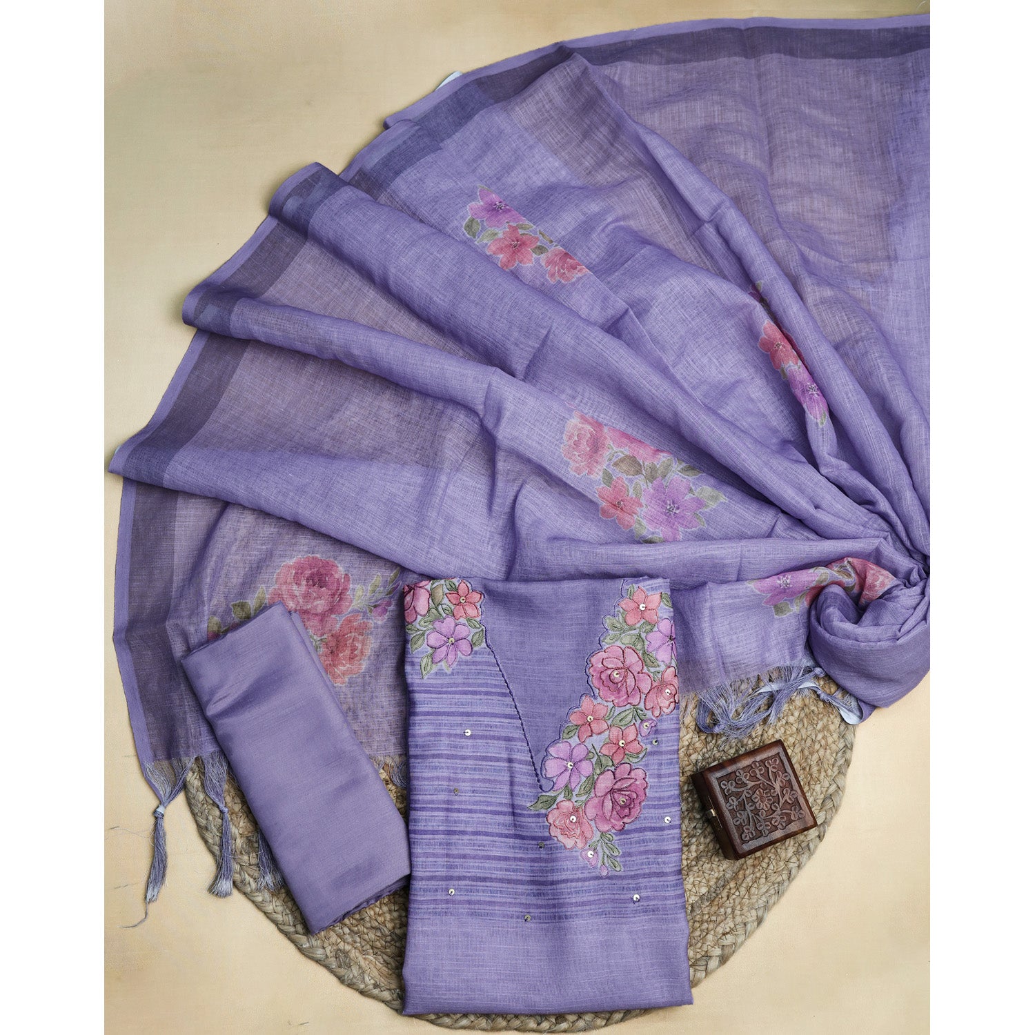 LINEN SILK EMBROIDERED SUIT SET