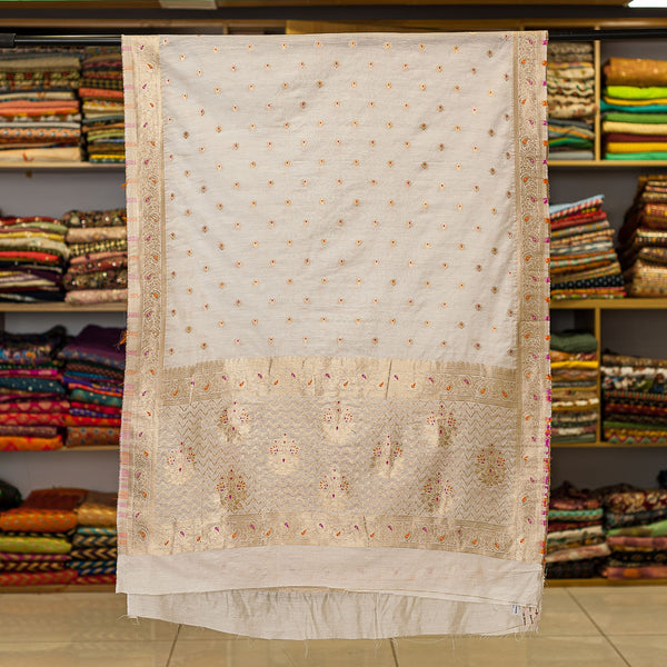 Chanderi Feel Off White Colour  Jacquard Butti With Two Side Gold Border Dupatta