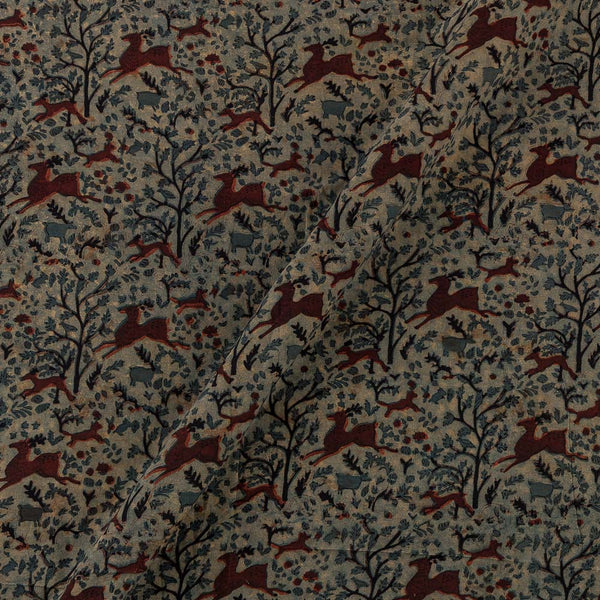 Cotton Mul Vanaspati [Natural Dye] Beige Colour Jaal with Deer Motif Hand Block Print Fabric Online 9012