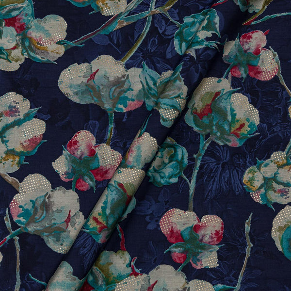 Fancy Modal Chanderi Silk Feel Dark Blue Colour Gold Floral Print 43 Inches Width Fabric cut of 0.50 Meter