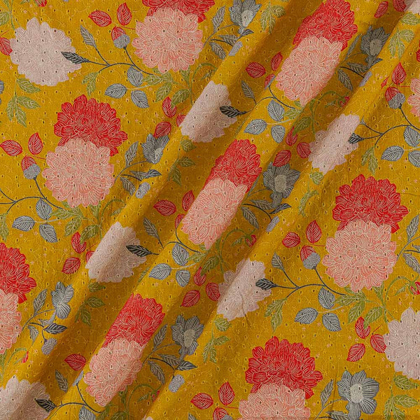 All Over Schiffli Cut Work Mustard Colour Floral Jaal Print Cotton Fabric Online 9026AB1