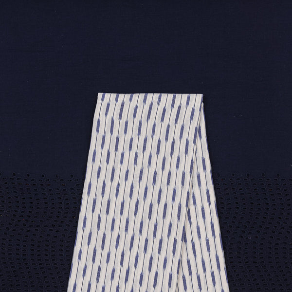 Two Pc Set Of Cotton Schiffli Cut Work Daman Border Fabric & Cotton Ikat Fabric [2.50 Mtr Each]