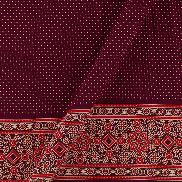 Ajrakh Gamathi Theme Cotton Dark Maroon Colour Dots with Daman Border Print Fabric Online 9072FA5