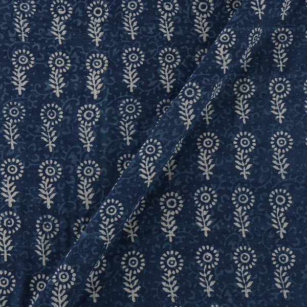 Natural Indigo Dye Floral Block Print on 43 Inches Width Cotton Fabric Cut of 0.75 Meter