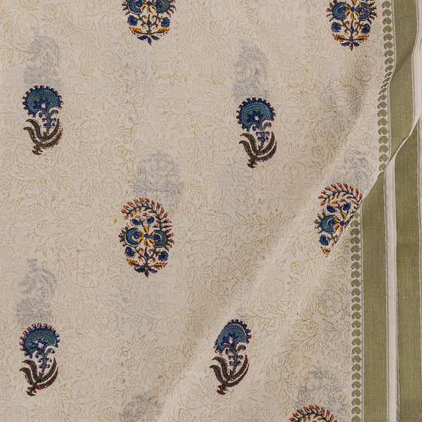Cotton Mul Beige Colour Sanganeri Hand Block Print with One Side Border Fabric cut of 0.50 Meter