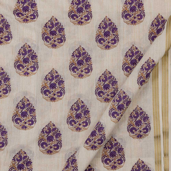 Fabrics With Woven And Printed Designs In BorderCotton Mul Off White Colour Sanganeri Print with One Side Gold Border Fabric Online 9385Y1