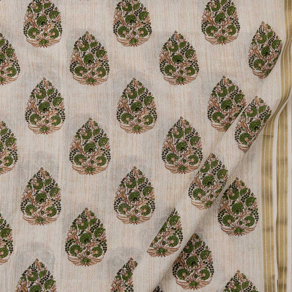 Cotton Mul Off White Colour Sanganeri Print with One Side Gold Border Fabric Online 9385Y2