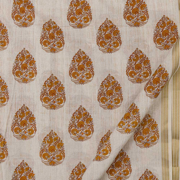 Cotton Mul Off White Colour Sanganeri Print with One Side Gold Border Fabric Online 9385Y3