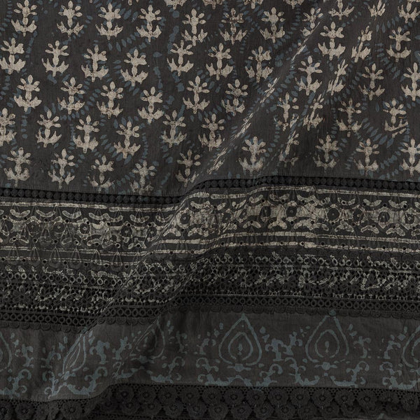 Cotton Authentic Dabu Dark Grey Colour Butta Hand Block Print with Schiffili Cut Work and Lace Daman Border 49 Inches Width Fabric