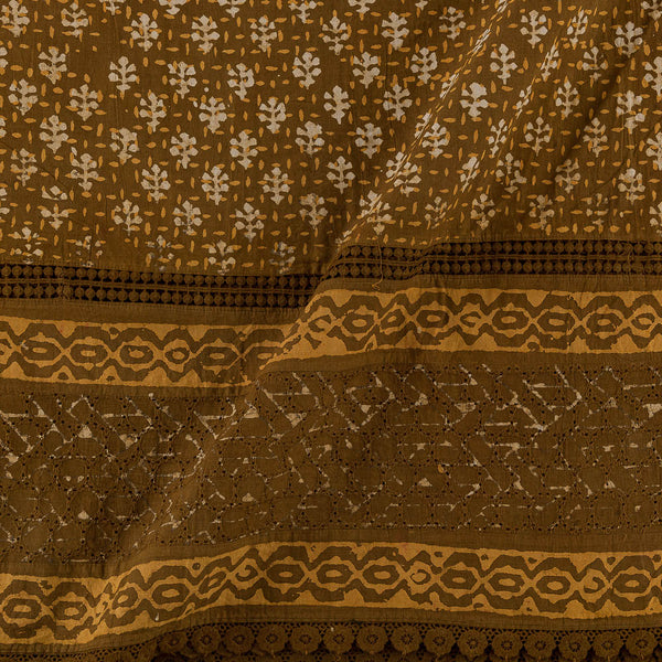Cotton Authentic Dabu Mustard Brown Colour Butta Hand Block Print with Schiffili Cut Work and Lace Daman Border 48 Inches Width Fabric