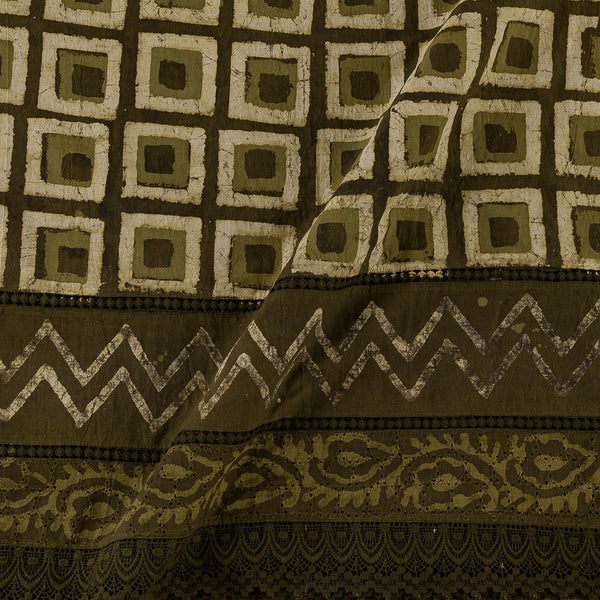 Cotton Authentic Dabu Olive Green Colour Butta Hand Block Print with Schiffili Cut Work and Lace Daman Border 49 Inches Width Fabric Cut Of 0.45 Meter