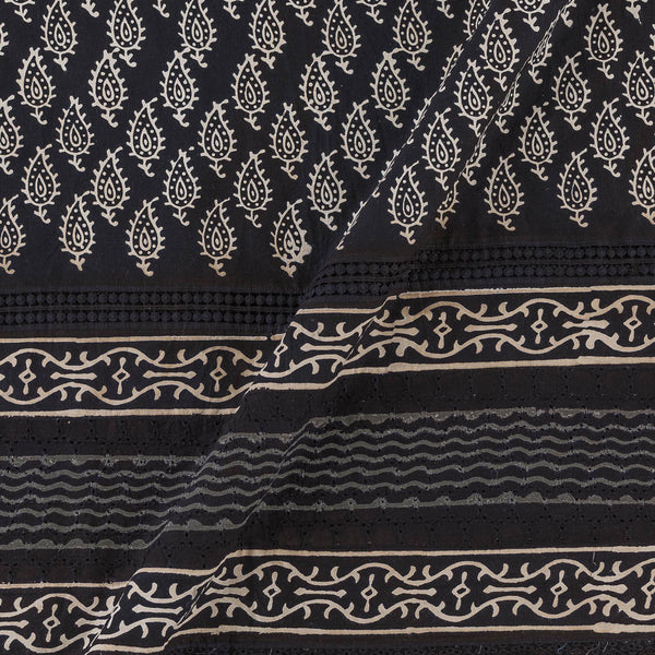 Cotton Authentic Dabu Black Colour Paisley Hand Block Print with Schiffili Cut Work and Lace Daman Border 48 Inches Width Fabric