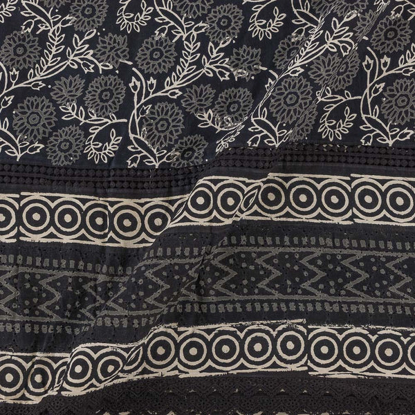 Cotton Authentic Dabu Black Colour Jaal Hand Block Print with Schiffili Cut Work and Lace Daman Border 49 Inches Width Fabric