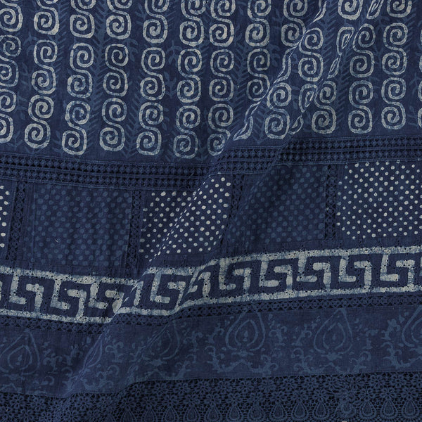 Cotton Natural Indigo Dye Butta Hand Block Print with Schiffili Cut Work and Lace Daman Border 55 Inches Width Fabric
