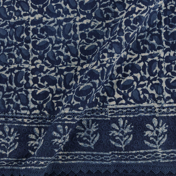 Cotton Authentic Dabu Indigo Colour Hand Block Print with Schiffili Cut Work and Daman Border 50 Inches Width Fabric