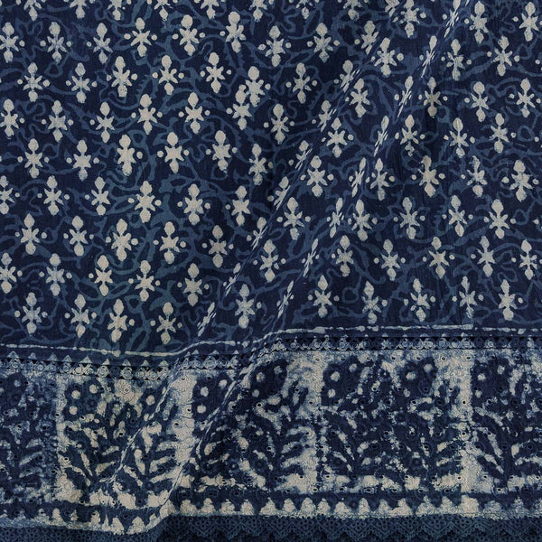 Cotton Authentic Dabu Indigo Colour Hand Block Print with Schiffili Cut Work and Daman Border 50 Inches Width Fabric