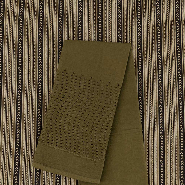 Two Pc Set Of Ajrakh Cotton Natural Dyed Block Printed Fabric & Cotton Schiffli Cut Work Daman Border Fabric [2.50 Mtr Each]