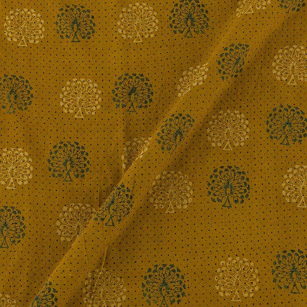 Unique Cotton Ajrakh Mustard Colour Natural Dye Dots with Floral Hand Block Print 43 Inches Width Fabric