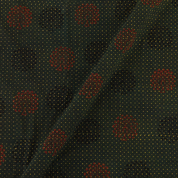 Unique Cotton Ajrakh Charcoal Green Colour Natural Dye Dots with Floral Hand Block Print 42 Inches Width Fabric