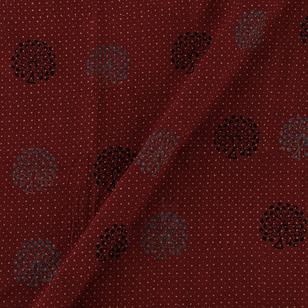 Unique Cotton Ajrakh Maroon Colour Natural Dye Dots with Floral Hand Block Print 43 Inches Width Fabric