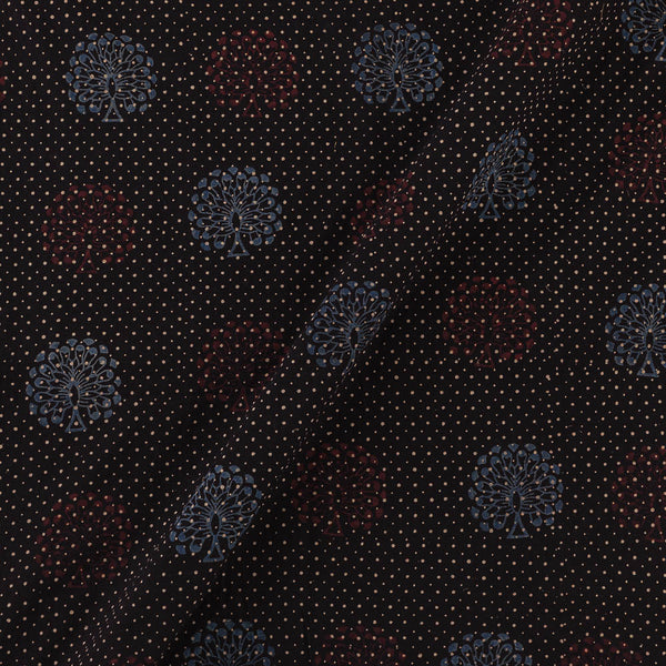 Unique Cotton Ajrakh Black Colour Natural Dye Dots with Floral Hand Block Print Fabric