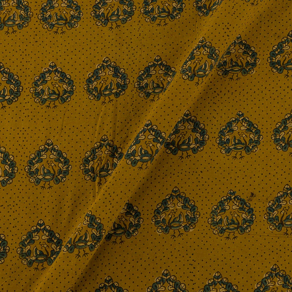 Unique Cotton Ajrakh Mustard Colour Natural Dye Dots with Floral Hand Block Print Fabric