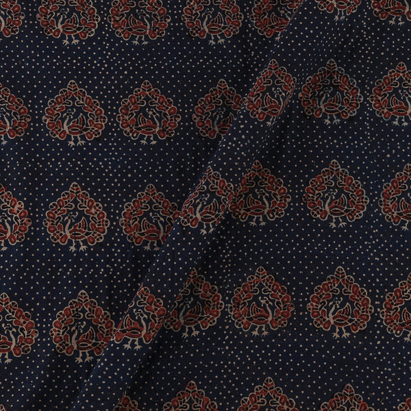 Unique Cotton Ajrakh Indigo Colour Natural Dye Dots with Floral Hand Block Print 43 Inches Width Fabric Cut Of 0.65 Meter