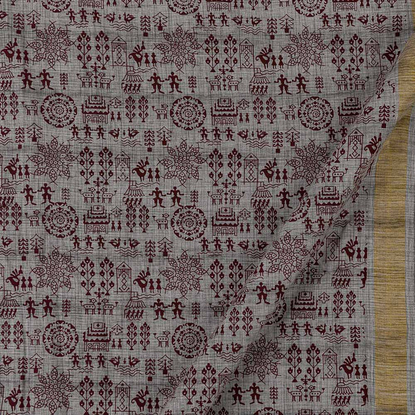 Warli Print on Two Side Bordered Two Ply Slub Cotton Grey X Black Cross Tone Fabric Online 9483AK2