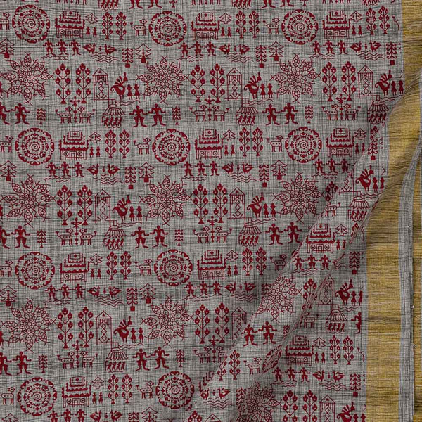 Warli Print on Two Side Bordered Two Ply Slub Cotton Grey X Black Cross Tone Fabric Online 9483AK4