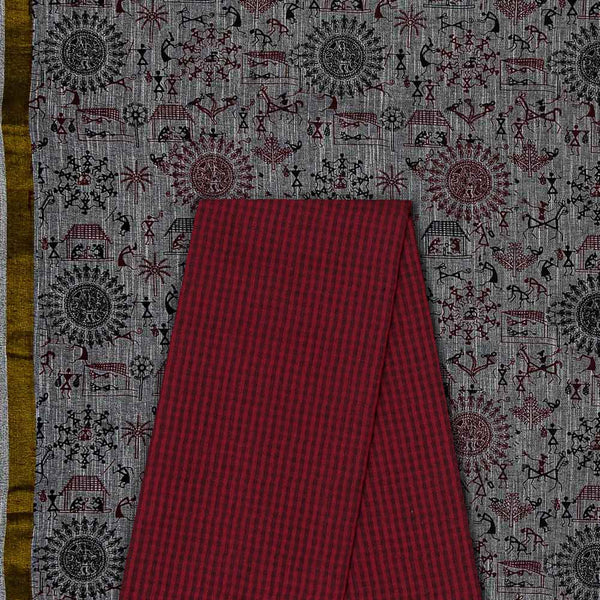 Two Pc Set Of Two Ply Slub Cotton Two Side Bordered Printed Fabric & South Cotton Mini Check Fabric