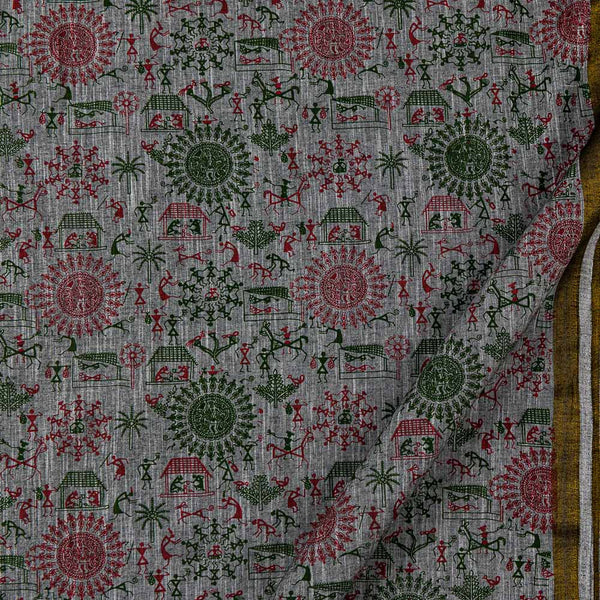 Warli Print on Two Side Bordered Two Ply Slub Cotton Grey X Black Cross Tone Fabric Online 9483AL3
