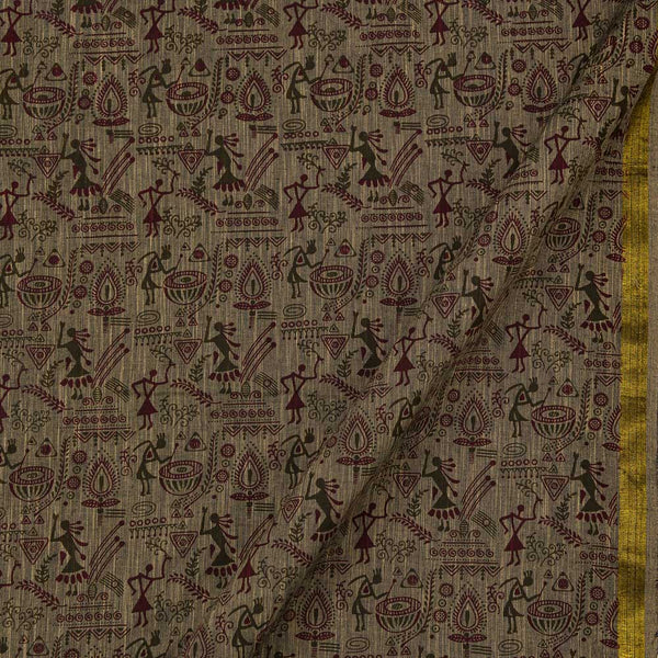 Warli Print on Two Side Bordered Slub Cotton Beige X Black Cross Tone Fabric Online 9483AN8