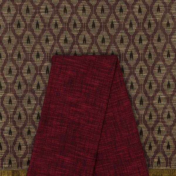 Two Pc Set Of Slub Cotton Two Side Border Printed Fabric & Slub Cotton Plain Fabric (2.5 Mtr Each)