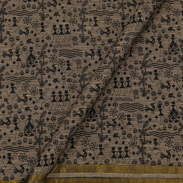 Warli Print on Two Side Bordered Slub Cotton Beige X Black Cross Tone Fabric Online 9483AT4